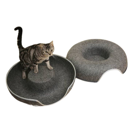 Donut-Shaped Felt Cat Bed with Play Tunnel for All Seasons